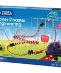 Front view of Roller Coaster Engineering STEM Kit box displaying model with reusable plastic tracks.