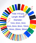 Assorted Heat Shrink Tubing Kit 410 Pieces With Five Colors And Ten Sizes arranged in a circular pattern showing size and color variety.