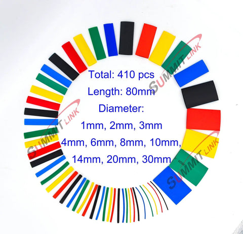 Assorted Heat Shrink Tubing Kit 410 Pieces With Five Colors And Ten Sizes arranged in a circular pattern showing size and color variety.