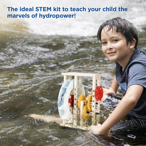 Hydropower Science Kit With 12 Hands On Experiments To Build Water Turbines Generate Electricity And Learn Renewable Energy And Environmental Science For Curious Kids And DIY Learners, boy with plastic waterwheel in stream