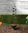 Outdoor Floor Tiered Vintage Water Fountain With 6 Hanging Cups And Soothing Tier Waterfall For Patio Or Garden, 38 Inch Bronze Decor