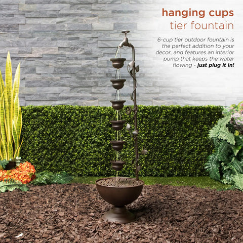 Outdoor Floor Tiered Vintage Water Fountain With 6 Hanging Cups And Soothing Tier Waterfall For Patio Or Garden, 38 Inch Bronze Decor