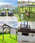 Four outdoor setups with sun shade applications including cars, patio, garden, and backyard shown with 14 By 18 Foot Waterproof Sun Shade Sail With Straight Edge UV Block Outdoor Canopy Cover For Lawn Patio Backyard Garden Deck Pergola Heavy Duty Polyester Light Gray.