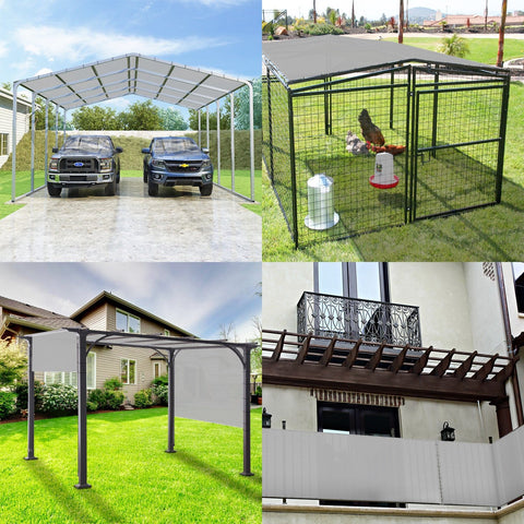 Four outdoor setups with sun shade applications including cars, patio, garden, and backyard shown with 14 By 18 Foot Waterproof Sun Shade Sail With Straight Edge UV Block Outdoor Canopy Cover For Lawn Patio Backyard Garden Deck Pergola Heavy Duty Polyester Light Gray.
