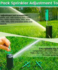 Four Pack Sprinkler Adjustment Tools For Rain Bird 5000 And Hunter PGP Heads Easy Fix Rotor Adjustment Tool And Sprinkler Key Wrench Set For Quick Lawn Irrigation System Repair shown in use on green grass.