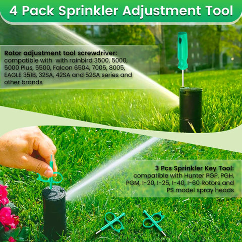 Four Pack Sprinkler Adjustment Tools For Rain Bird 5000 And Hunter PGP Heads Easy Fix Rotor Adjustment Tool And Sprinkler Key Wrench Set For Quick Lawn Irrigation System Repair shown in use on green grass.