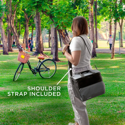 Portable Electric Cooler Bag Keeps Your Drinks Straight Up Frosty On Weekend Road Trips 15 Liter Soft Sided with shoulder strap in park.