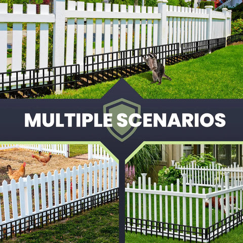 No Dig Fence Panels 14 Pack, Garden Barrier Fence To Keep Varmints Out And Stop Digging For Dogs And Rabbits, 13 Inch High By 16.7 Inch Long Panels, Covers About 19.52 Feet, installed in various garden settings.