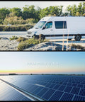 RV parked beside road with solar power system in background, hybrid solar inverter for home and off-grid backup power usage.