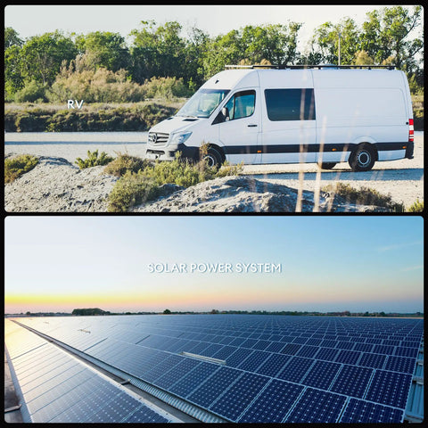 RV parked beside road with solar power system in background, hybrid solar inverter for home and off-grid backup power usage.