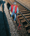 Person using Rolatape 32-415 Heavy-Duty Measuring Wheel With All Steel Construction for measuring along railway tracks.