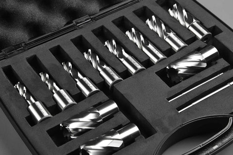 Amazon 13-piece annular cutter set with 3/4 in Weldon shank, HSS, diameters 7/16–1-1/16 in, in foam case