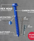 Quarter Inch By One Quarter Inch Hex Head Blue Concrete Screw Anchor With Drill Bit And Driver, Box Of 500 In Bulk Pack Shown With Components