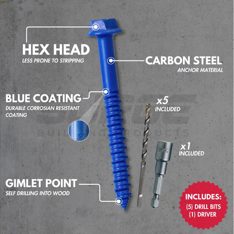 Quarter Inch By One Quarter Inch Hex Head Blue Concrete Screw Anchor With Drill Bit And Driver, Box Of 500 In Bulk Pack Shown With Components