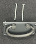 Mission Drawer Pull 3 Inch (76mm) Barcelona Pewter Finish with screws, shown on black surface for cabinets and furniture