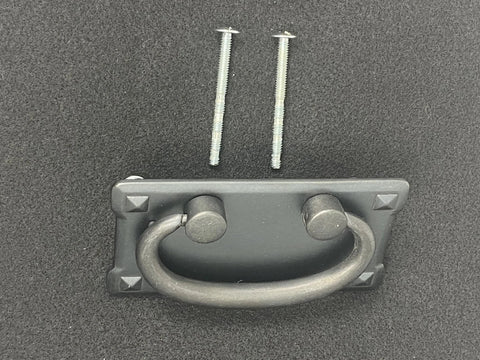 Mission Drawer Pull 3 Inch (76mm) Barcelona Pewter Finish with screws, shown on black surface for cabinets and furniture