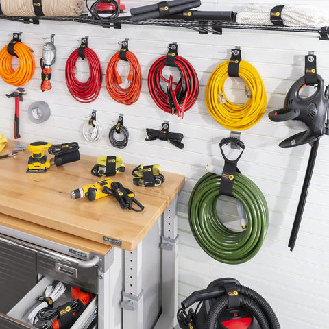 Garage Organization Value Pack With Assorted Storage Straps For Cords And Hoses Cable Management Essentials on pegboard wall