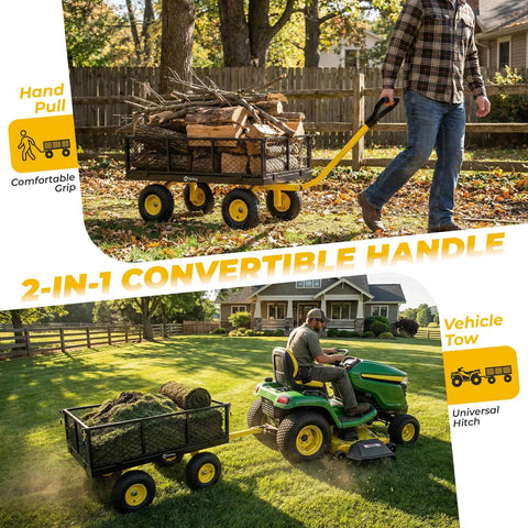 Heavy Duty Steel Garden Cart For Yard And Farm With Removable Sides That Converts To Flatbed 1000 Lb Load Capacity used for hauling logs and grass on a lawn 