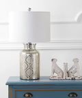 Mercury Silver Trellis Glass Table Lamp With White Linen Shade For Living Room Or Bedroom beside decorative dogs