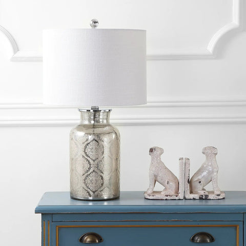 Mercury Silver Trellis Glass Table Lamp With White Linen Shade For Living Room Or Bedroom beside decorative dogs
