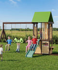 Natural Cedar Wood Backyard Swing Set With Wave Slide, Kid-Friendly Clubhouse Playhouse, kids on swings, slide, and clubhouse