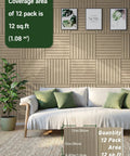 Deep Camel Soundproof Wall Panels 12 Pack Self Adhesive Acoustic Foam Tiles 12X12 Inch showing coverage area of 12 sq.ft.