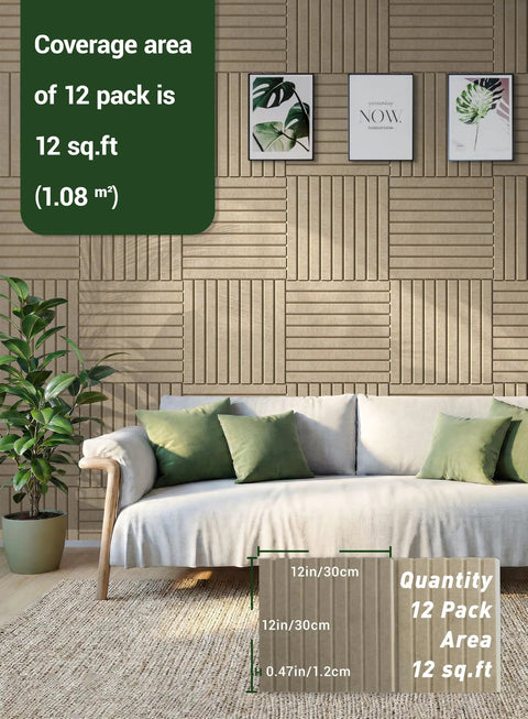 Deep Camel Soundproof Wall Panels 12 Pack Self Adhesive Acoustic Foam Tiles 12X12 Inch showing coverage area of 12 sq.ft.