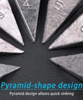 Close-up of saltwater pyramid sinkers showing pyramid-shape design for surf and pier fishing with durability.