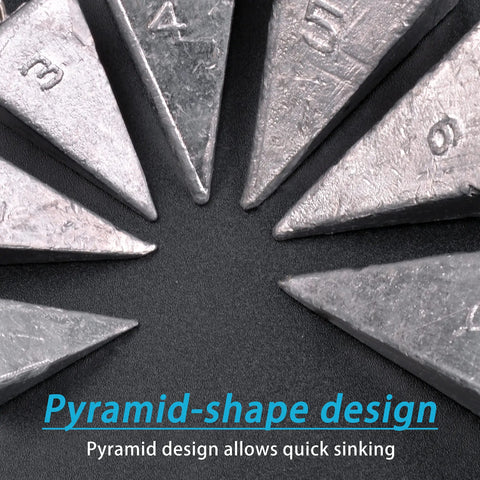 Close-up of saltwater pyramid sinkers showing pyramid-shape design for surf and pier fishing with durability.