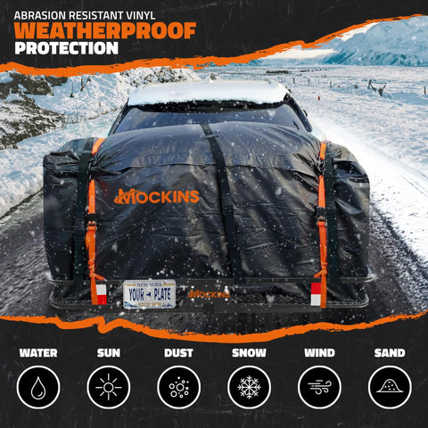 Heavy Duty Hitch Mount Cargo Carrier 60x24x6 Inches 2 Inch Receiver Folding Rack 500 Lbs Capacity on snowy road