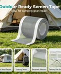 Outdoor ready screen tape for camping gear repair shown in front of a tent, ideal for mesh repair and sealing applications.