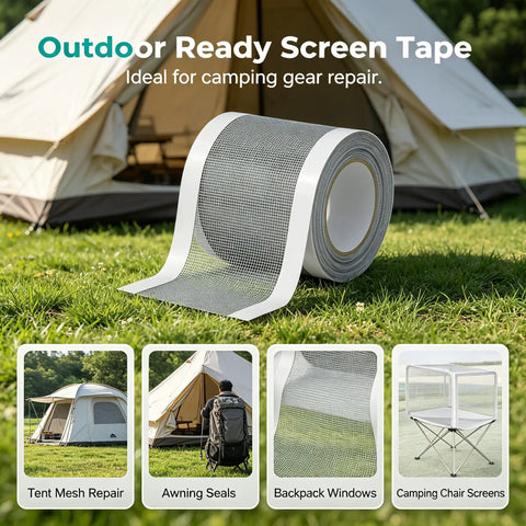 Outdoor ready screen tape for camping gear repair shown in front of a tent, ideal for mesh repair and sealing applications.