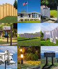 Collage showing applications of 1-Post Kit For Any Post Type; Quick, No Tools Needed Concrete Alternative That Sets Fast, Protects Against Rot And Rust, Works With All Post Styles, White Finish, Easy To Use, Durable And Low Maintenance for fences, mailboxes, solar panels, and signs.