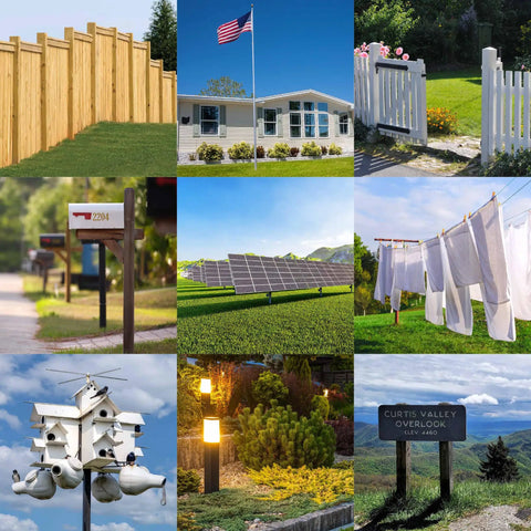 Collage showing applications of 1-Post Kit For Any Post Type; Quick, No Tools Needed Concrete Alternative That Sets Fast, Protects Against Rot And Rust, Works With All Post Styles, White Finish, Easy To Use, Durable And Low Maintenance for fences, mailboxes, solar panels, and signs.