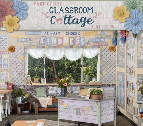 Classroom Cottage decorated room with kindness theme, plants, and multicolor decor for classrooms, part of the Classroom Cottage Collection.