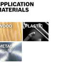 Application materials for Extra Length Aircraft Drill Bit 3/16 Inch By 12 Inch Black Oxide showing wood, plastic, and metal.