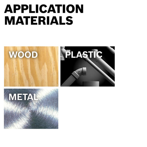 Application materials for Extra Length Aircraft Drill Bit 3/16 Inch By 12 Inch Black Oxide showing wood, plastic, and metal.