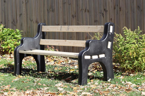 DIY Bench Ends Kit For Outdoor And Patio Benches, using Standard 2x4s, shown outdoors on grass, Black Finish, Easy DIY Project