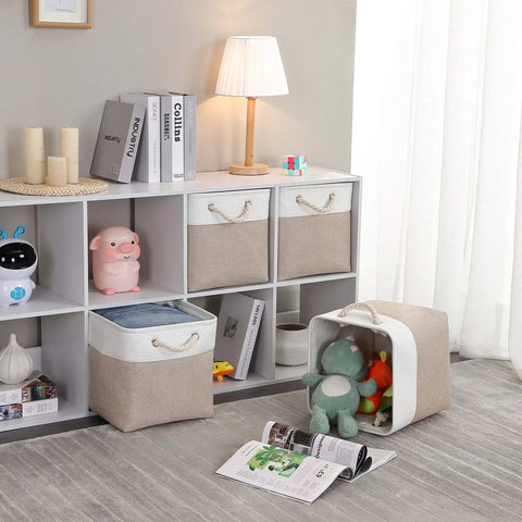 Slick Cube Storage Bins Ditch The Mess Fabric Baskets For Closets And Shelves Foldable Organizer Containers A Clutch Home Stash Box In Light Khaki 13 Inch 3 Pack on display with toys and books.
