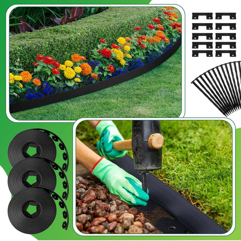 Black 315 Ft Landscape Edging Border Kit With 2 Inch Tall Edging, 168 Spikes And 48 Connectors for garden installation
