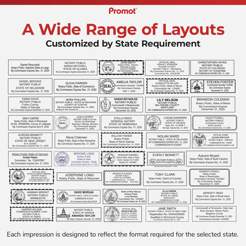 A wide range of state-specific self-inking notary stamps for legal docs, displaying varied layouts, seals, and personalized names.