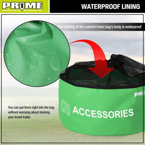 Green utility bag with waterproof lining from Four Pack Waterproof RV Hose Bags And Utility Storage Set For Sewer Hoses, Fresh Water Hoses, Cords, And Camper Tools, Color Coded For Easy Organization In Your Camper, RV Or Travel Trailer