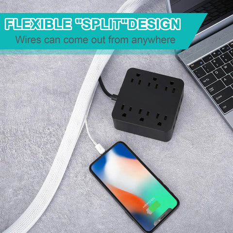 6.6 Foot White Braided Cable Sleeve Organizer For Desk TV PC And Home Office That Holds Four To Eight Cables With Self Wrap Design Cut