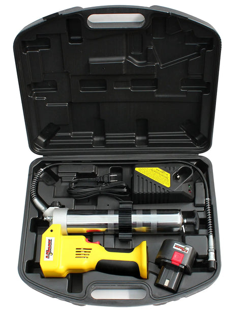 Cordless 12V Grease Gun With 7000 PSI Max Ergonomic Lightweight Grip One Battery Included Chrome Barrel Protection in case