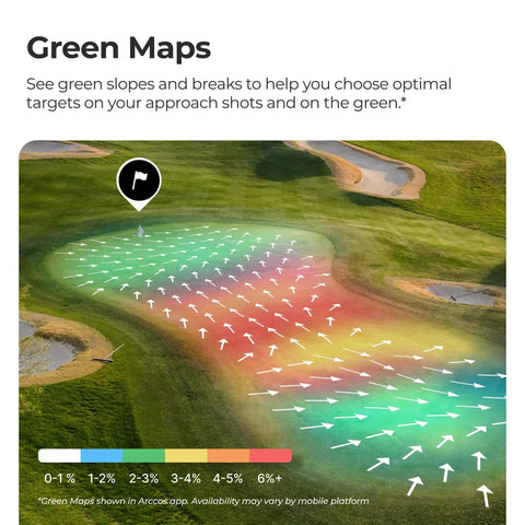 Golf course green map showing slope and break for Smart Laser Rangefinder For Golf With Slope And Wind AI Powered Plays Like Distances.
