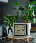 Advanced Wireless Weather Station With Dynamic Forecast Icons, Barometric Pressure History, Atomic Time, Temperature And Humidity Gauge, Recording Hi Lo, Auto DST, Fast 330 Foot Reception And All In One Sleek Readable Display on table with plants