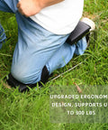 Person using Knee Saver Kneeler Seat for Gardening with Thick Cushioned Pad, galvanized steel frame, in use supporting knees.