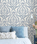 Room with Guildford Peel And Stick Damask Wallpaper Blue, Easy Install, Repositionable And Removable Wall Covering