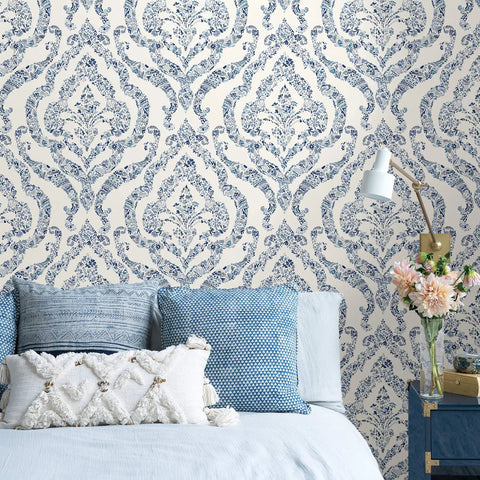 Room with Guildford Peel And Stick Damask Wallpaper Blue, Easy Install, Repositionable And Removable Wall Covering