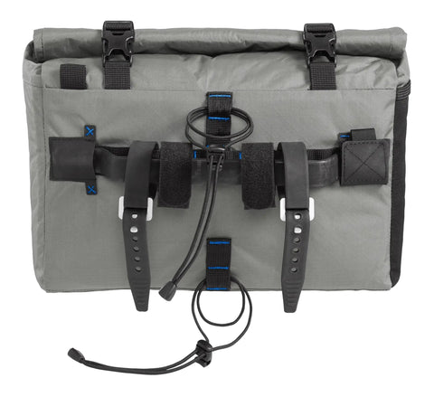 MULE 12 Bikepacking Handlebar Bag with IPX5 waterproof roll-top, aluminum stabilizer bar, secure black straps, and expandable capacity.